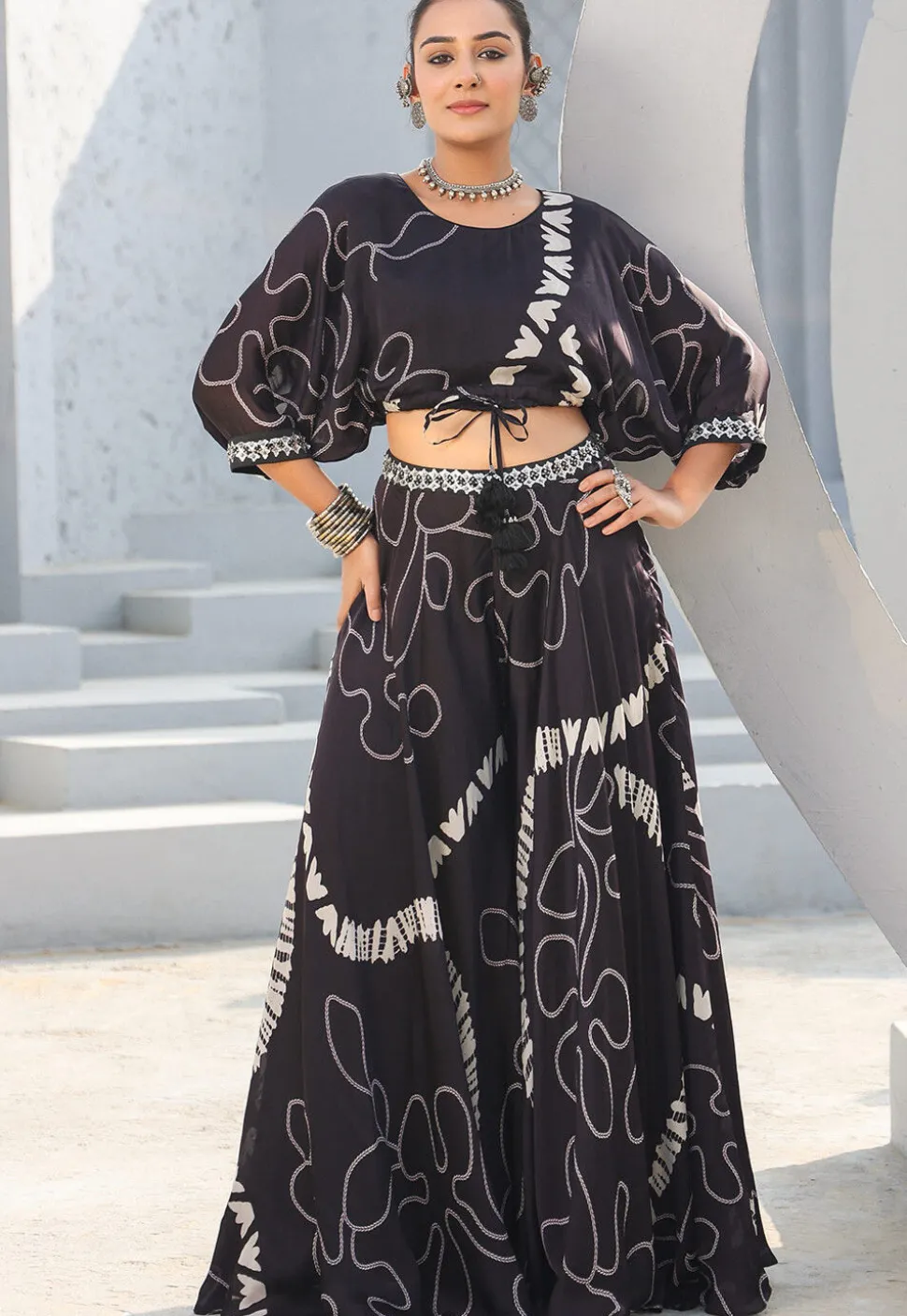 Digital Printed Satin Crop Top Set in Black