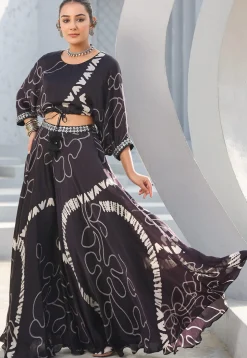 Digital Printed Satin Crop Top Set in Black