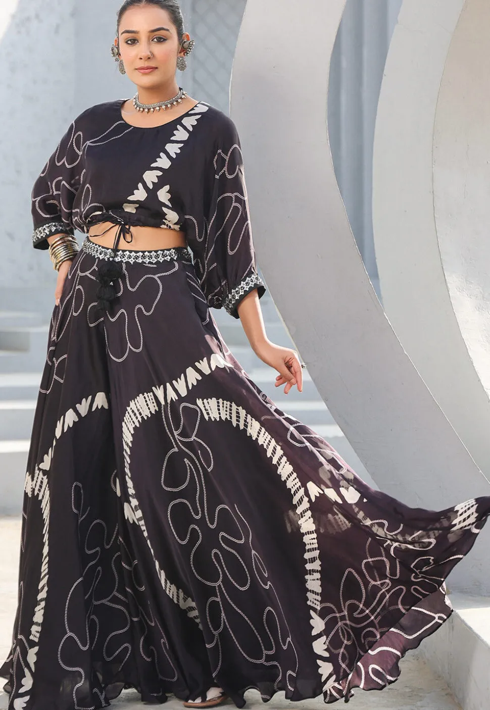 Digital Printed Satin Crop Top Set in Black