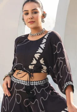 Digital Printed Satin Crop Top Set in Black