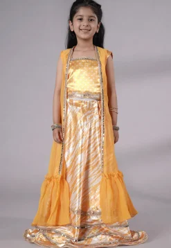 Digital Printed Satin Crop Top Set in Yellow