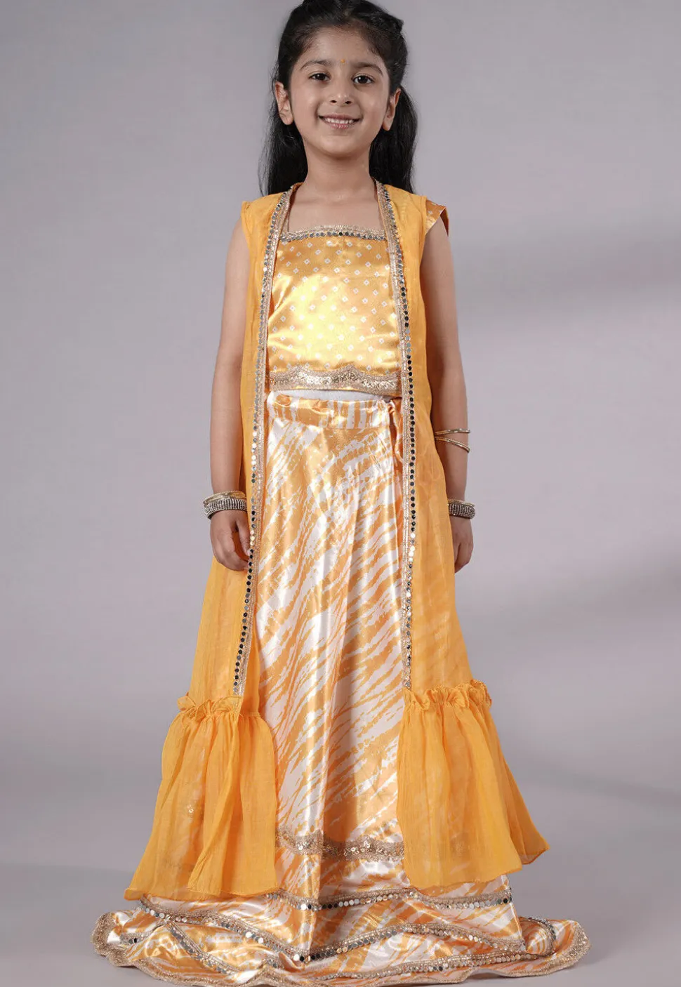Digital Printed Satin Crop Top Set in Yellow