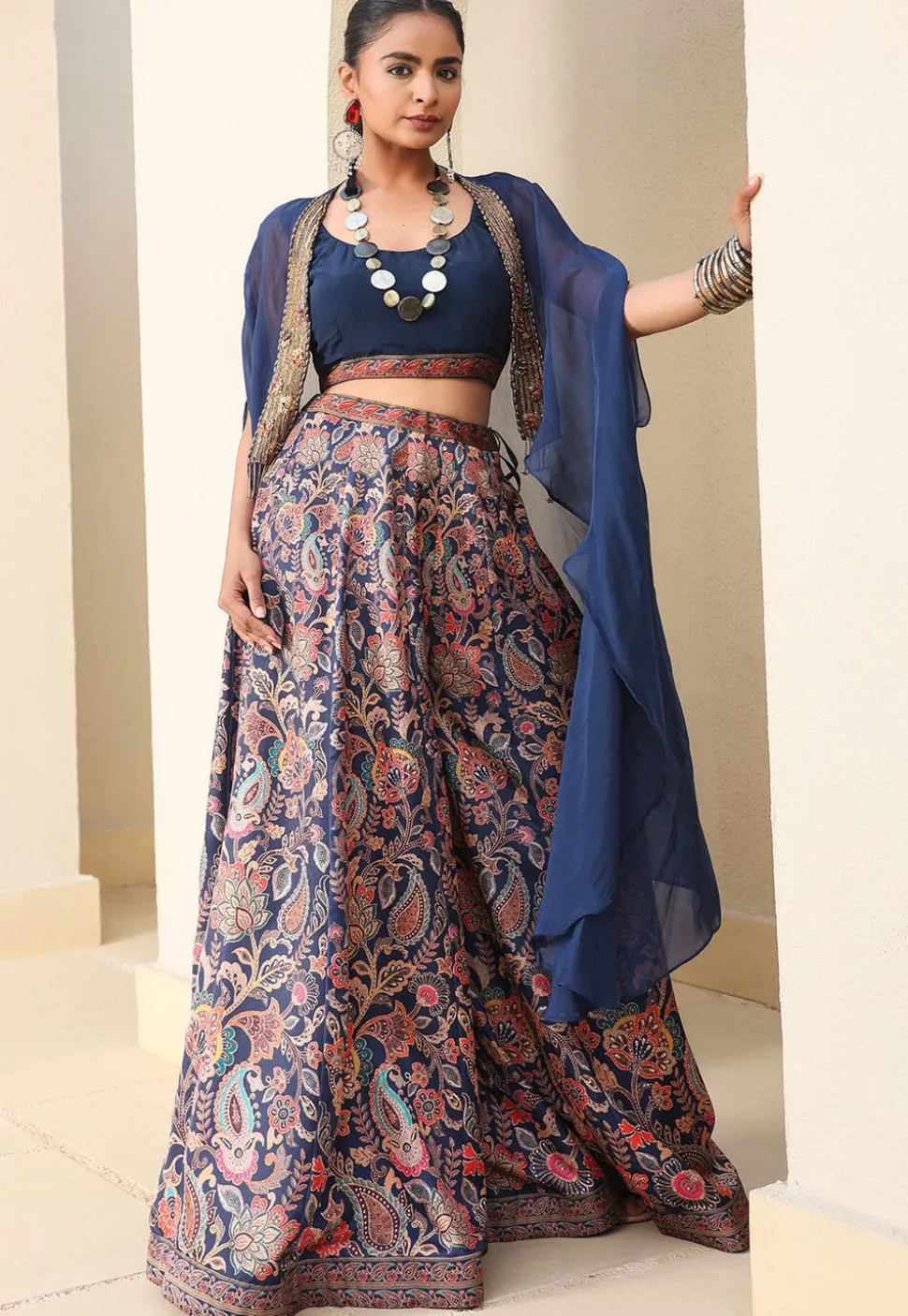 Digital Printed Satin Crop Top Set in Navy Blue