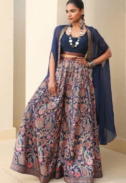 Digital Printed Satin Crop Top Set in Navy Blue
