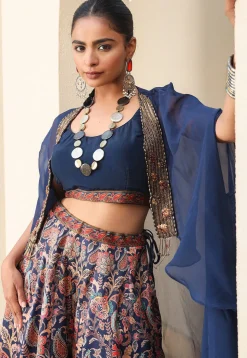 Digital Printed Satin Crop Top Set in Navy Blue