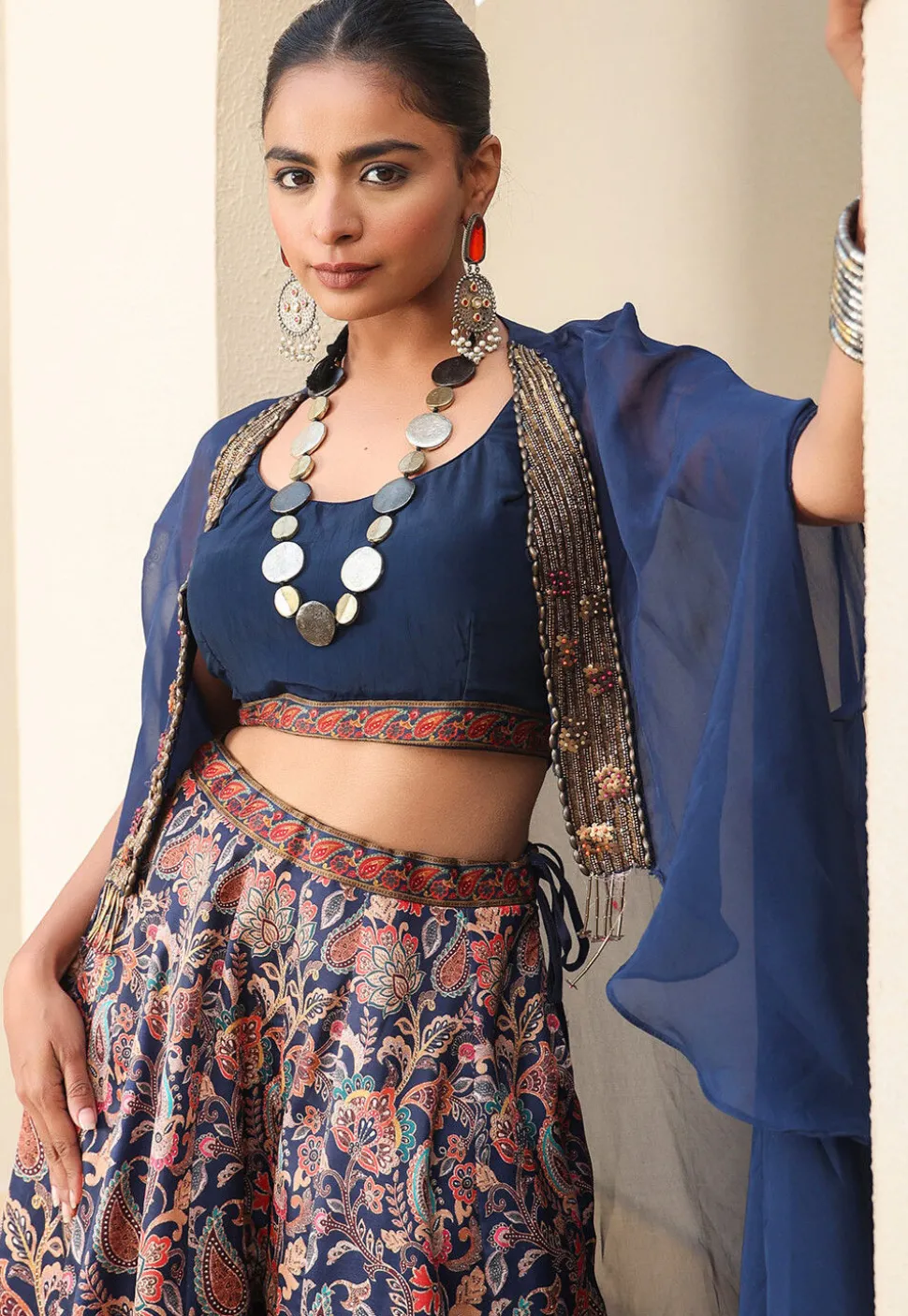Digital Printed Satin Crop Top Set in Navy Blue
