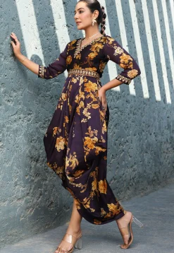 Digital Printed Satin Drape Gown in Dark Purple