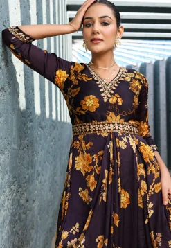 Digital Printed Satin Drape Gown in Dark Purple
