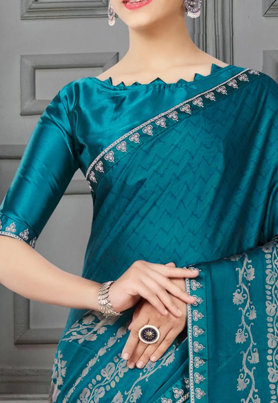 Digital Printed Satin Georgette Saree in Teal Blue