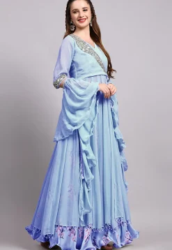 Digital Printed Satin Georgette Lehenga in Sky Blue