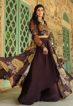 Digital Printed Satin Georgette Crop Top Set in Dark Violet