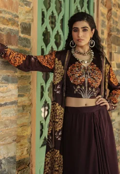 Digital Printed Satin Georgette Crop Top Set in Dark Violet