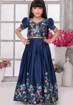 Digital Printed Satin Gown in Navy Blue