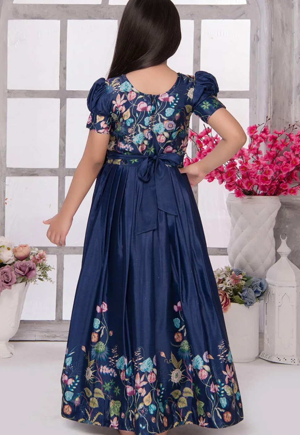 Digital Printed Satin Gown in Navy Blue