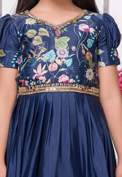 Digital Printed Satin Gown in Navy Blue