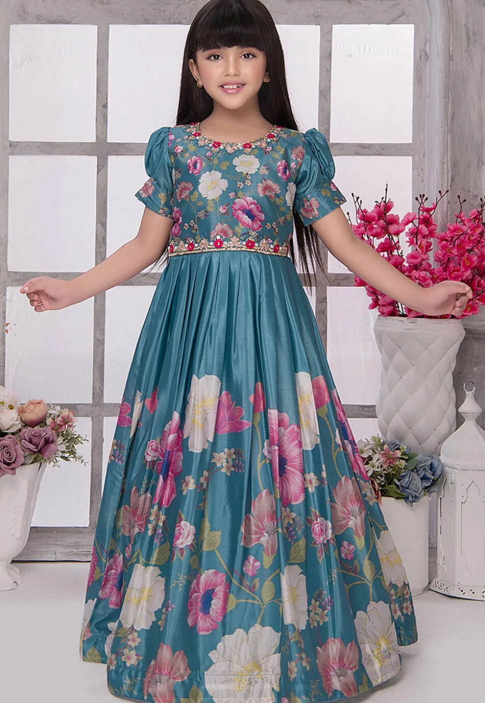 Digital Printed Satin Gown in Blue