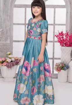 Digital Printed Satin Gown in Blue