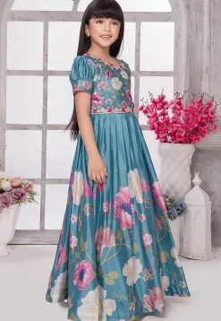 Digital Printed Satin Gown in Blue