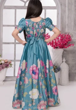 Digital Printed Satin Gown in Blue