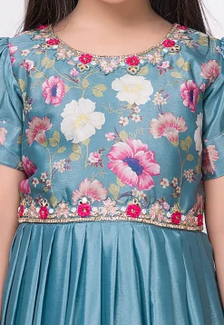 Digital Printed Satin Gown in Blue