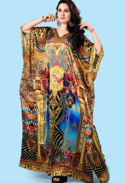 Digital Printed Satin Kaftan in Multicolor