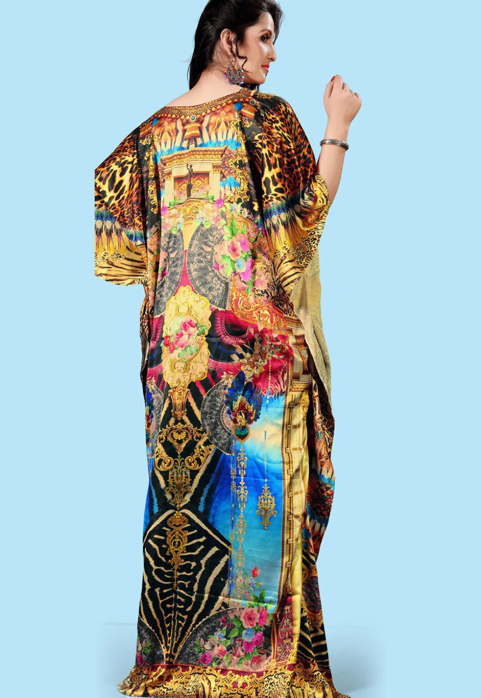 Digital Printed Satin Kaftan in Multicolor