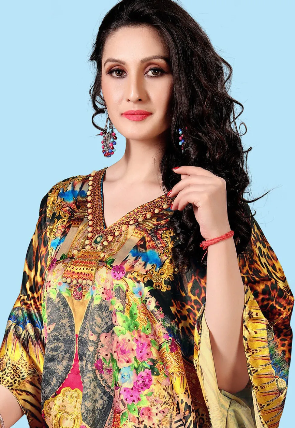 Digital Printed Satin Kaftan in Multicolor