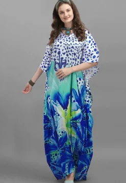 Digital Printed Satin Kaftan in White and Blue