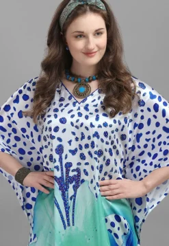 Digital Printed Satin Kaftan in White and Blue