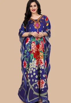 Digital Printed Satin Kaftan in Blue