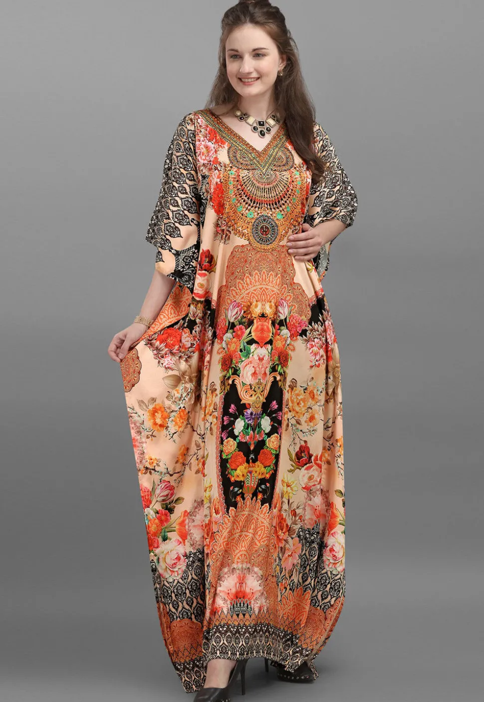 Digital Printed Satin Kaftan in Peach