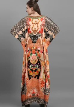 Digital Printed Satin Kaftan in Peach