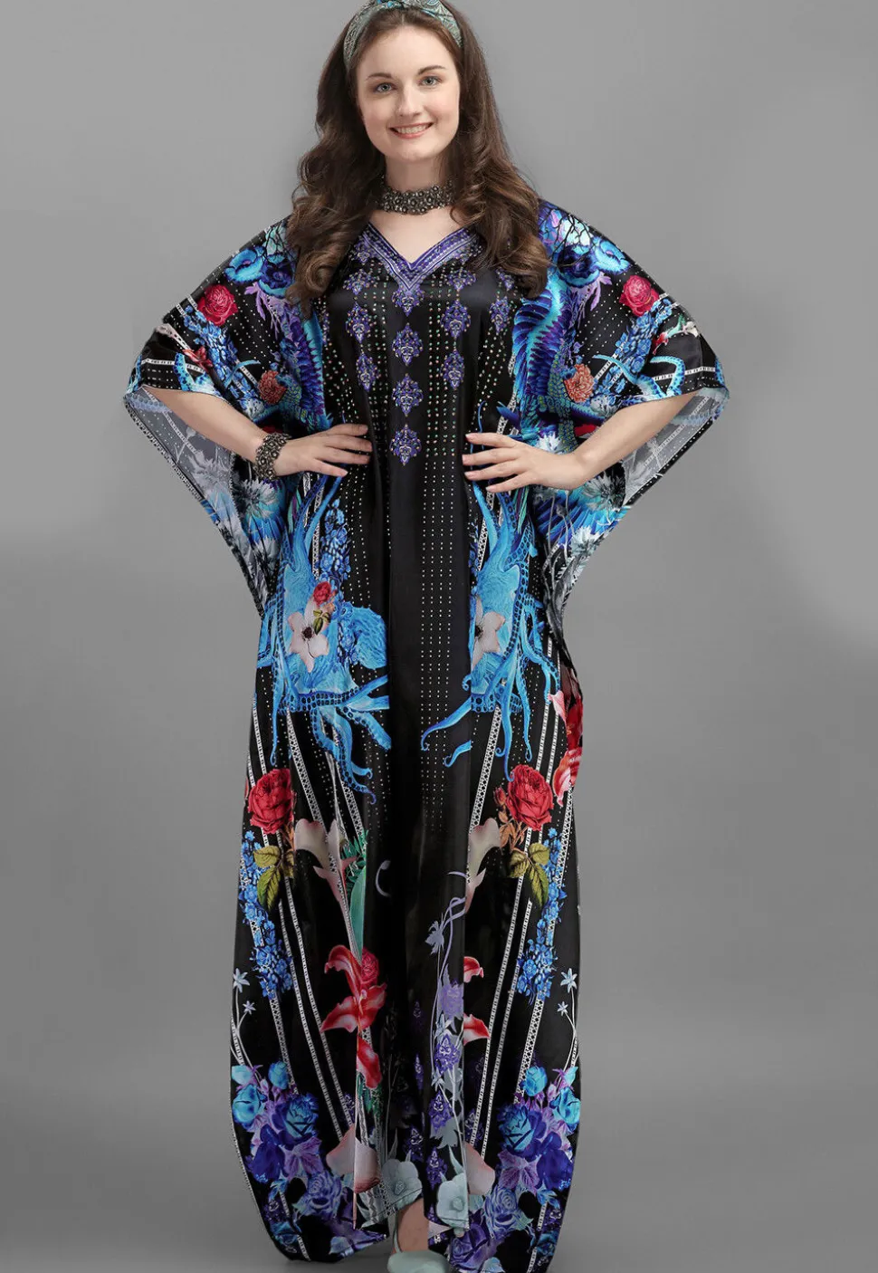 Digital Printed Satin Kaftan in Black