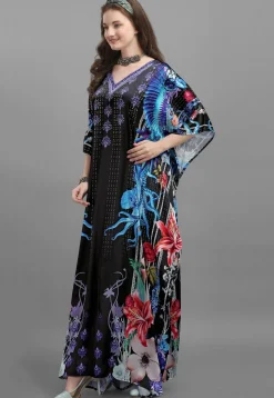 Digital Printed Satin Kaftan in Black