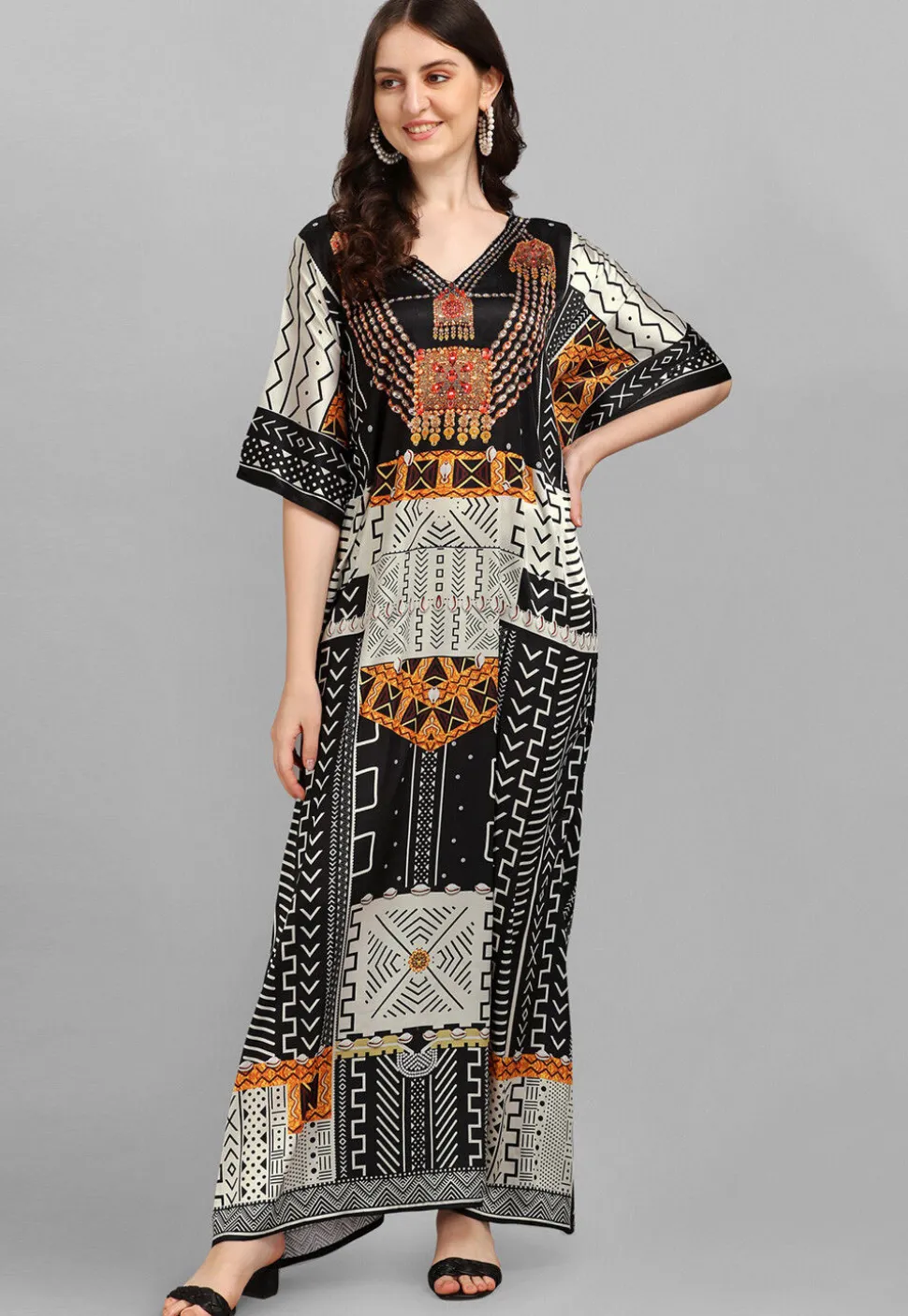 Digital Printed Satin Kaftan in Black and Off White