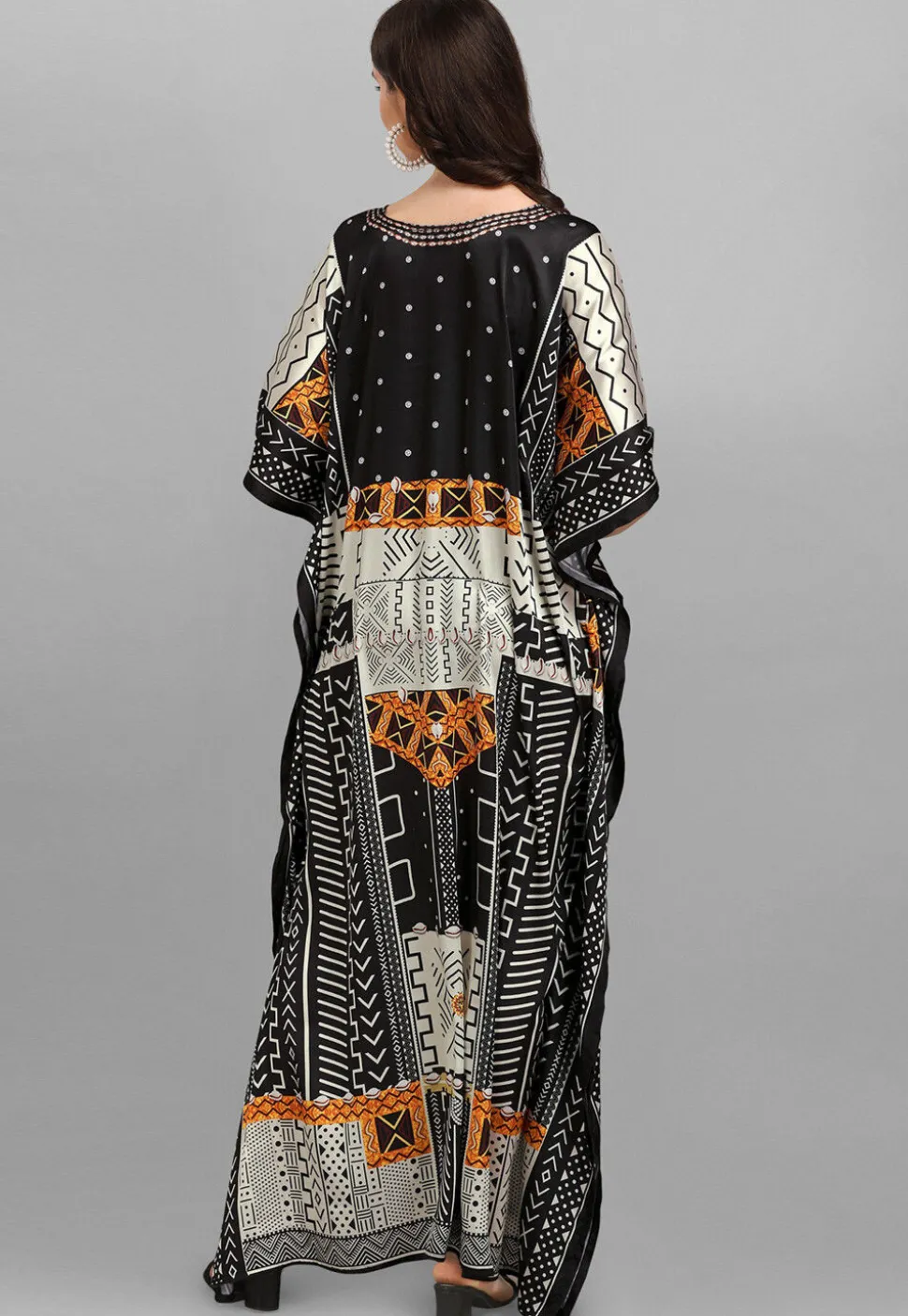Digital Printed Satin Kaftan in Black and Off White