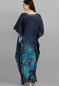 Digital Printed Satin Kaftan in Navy Blue