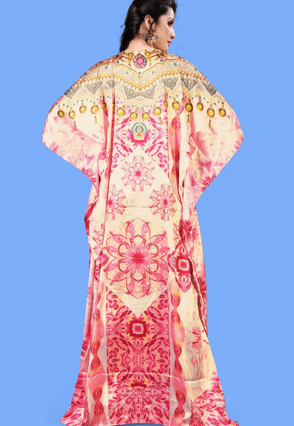 Digital Printed Satin Kaftan in Pink