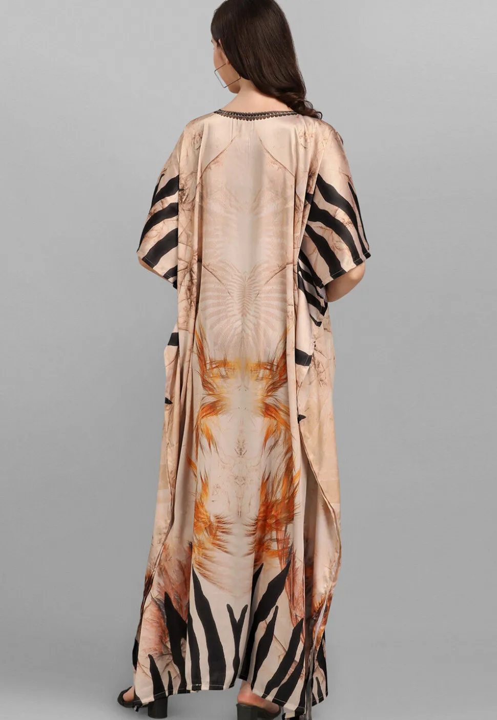 Digital Printed Satin Kaftan in Beige