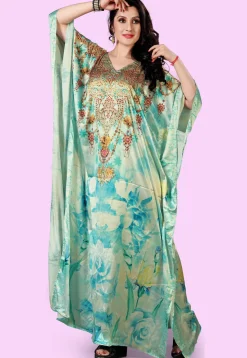 Digital Printed Satin Kaftan in Blue