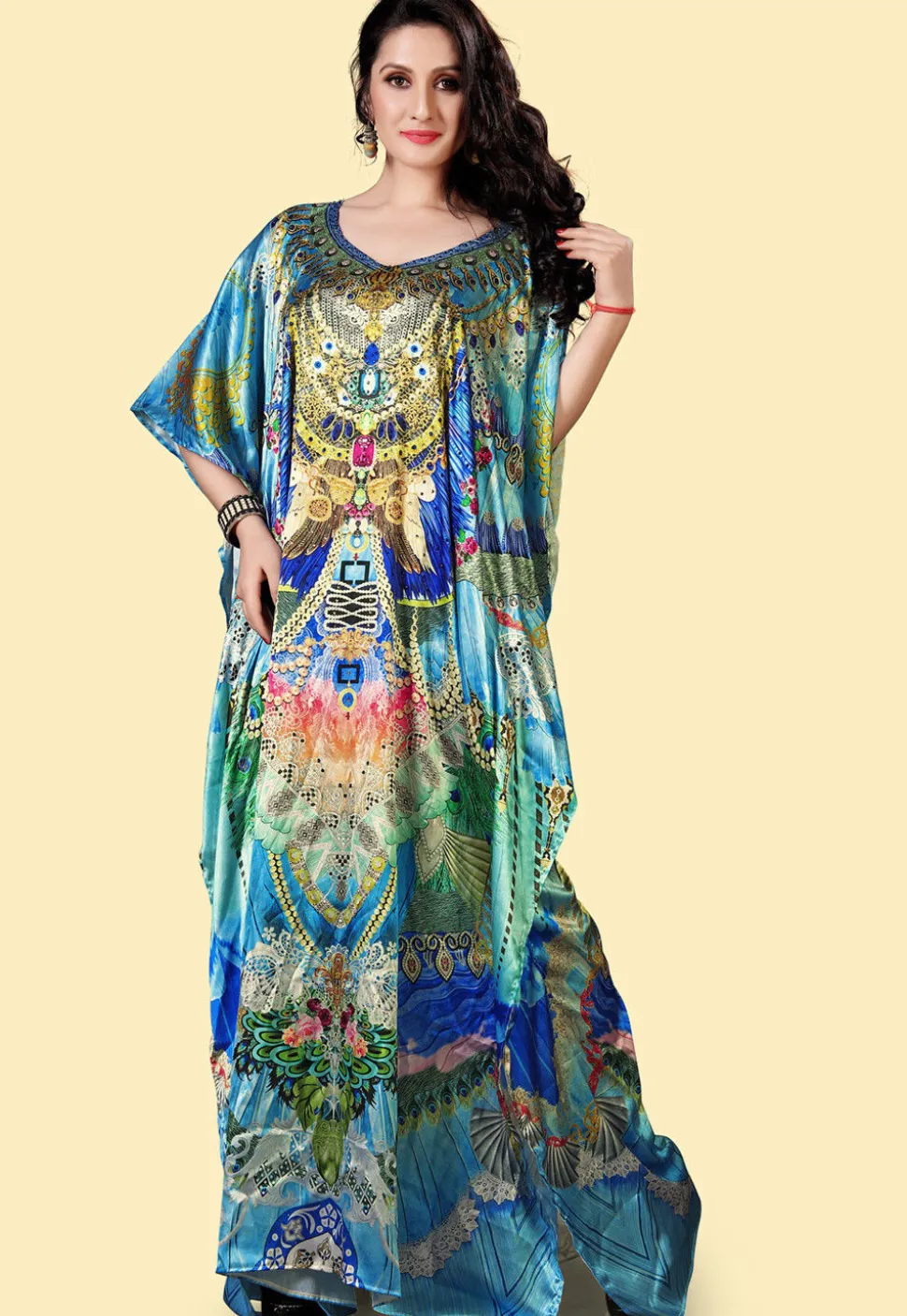 Digital Printed Satin Kaftan in Multicolor