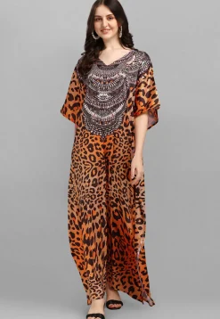 Digital Printed Satin Kaftan in Orange