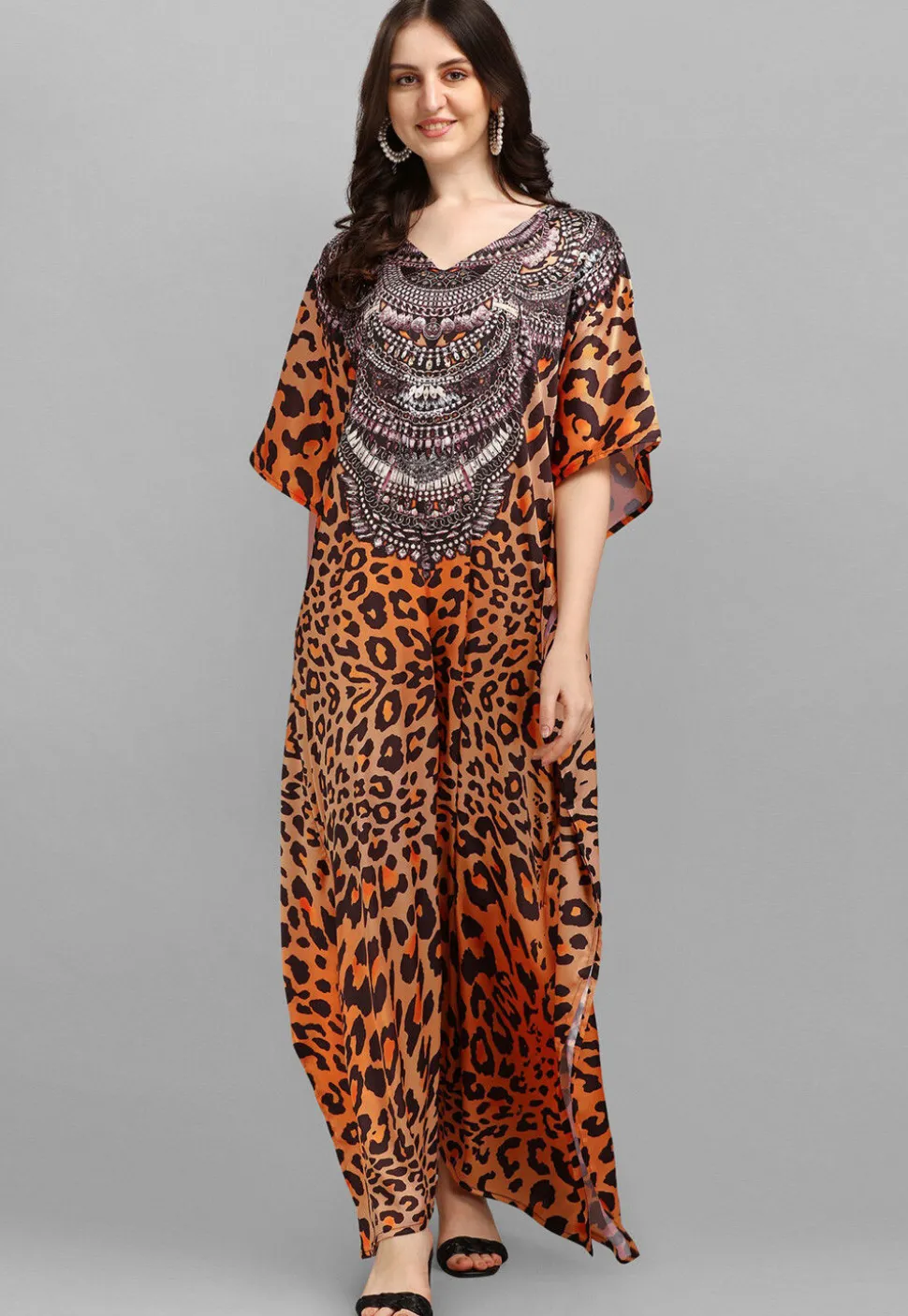 Digital Printed Satin Kaftan in Orange