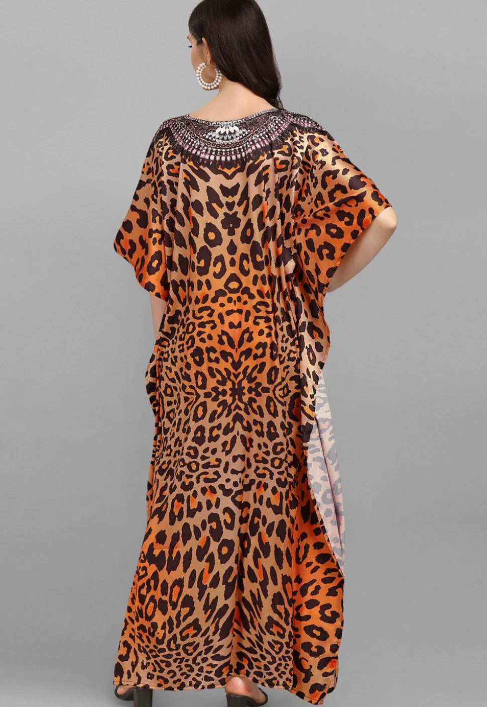 Digital Printed Satin Kaftan in Orange