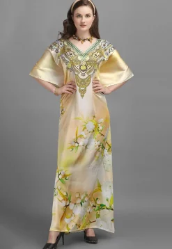 Digital Printed Satin Kaftan in Beige
