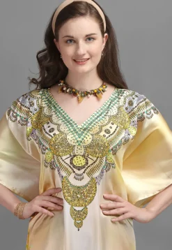 Digital Printed Satin Kaftan in Beige