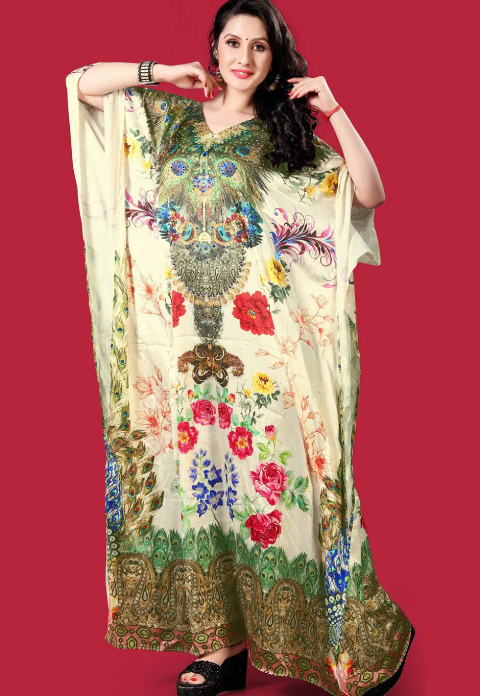 Digital Printed Satin Kaftan in Cream
