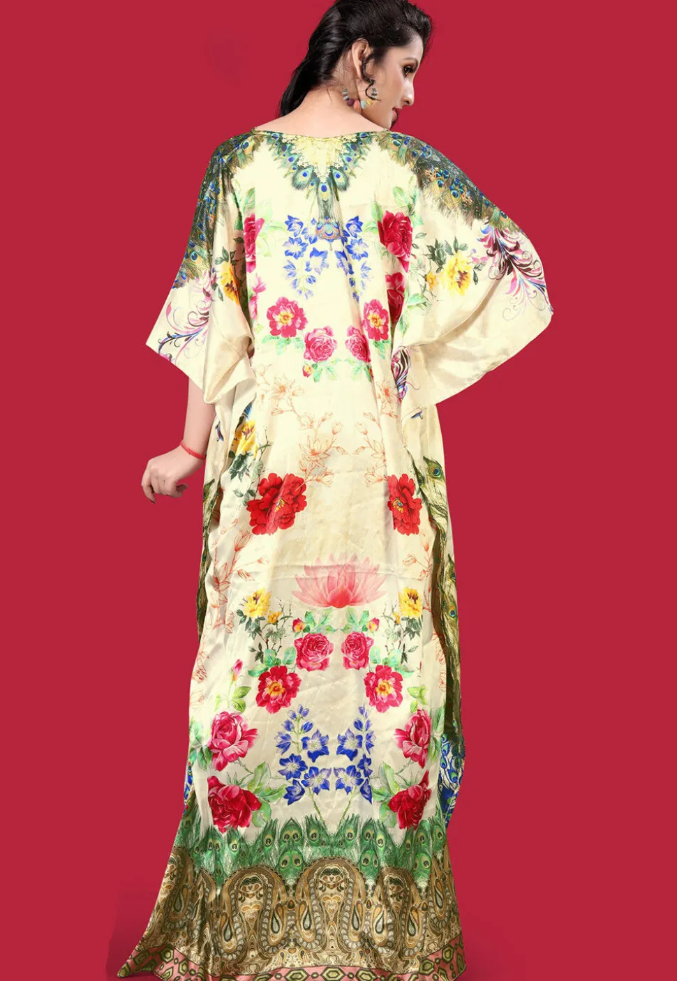Digital Printed Satin Kaftan in Cream