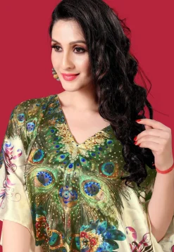 Digital Printed Satin Kaftan in Cream