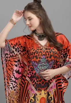 Digital Printed Satin Kaftan in Red